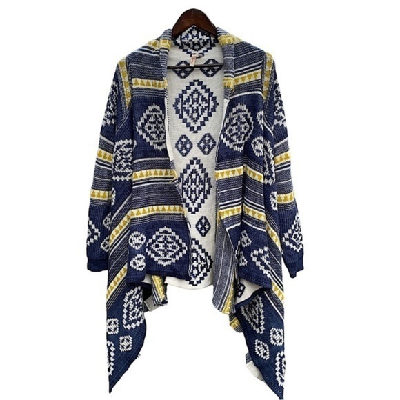 Navajo Print Open Front Cardigan Sweater Drap Front Blue Yellow Cream Size M - Picture 1 of 8
